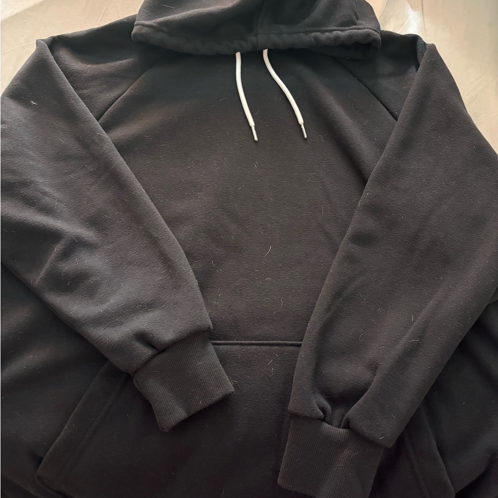 Warmy Black Pullover Hoodie with White Drawcords